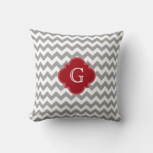 Coussin Gray Wht Chevron Cranberry Red Quatrefoil Monogram