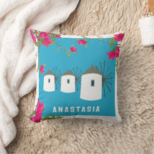 Coussin Grèce Bougainvilliers Ile grecque Windmills Nom