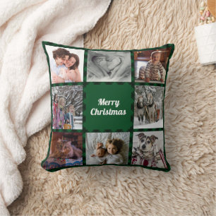 Coussin Green Black Buffalo Check Holiday Photo Collage