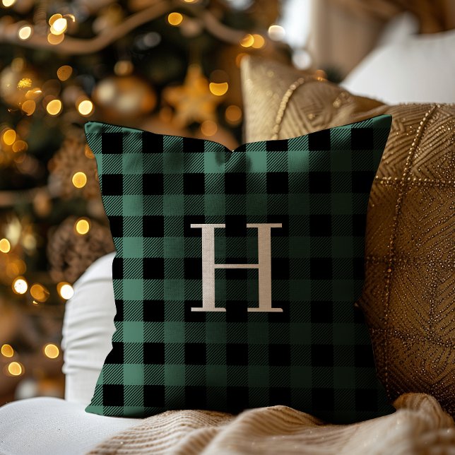 Coussin GREEN Black Buffalo Plaid Monogram Holiday (Créateur téléchargé)