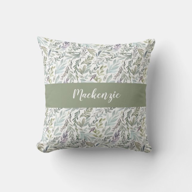 Coussin Green Blue Botanical Watercolor Monogram Name (Recto)