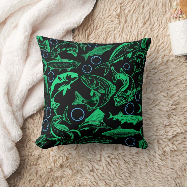 Coussin Green Fishes Motif 10,w Black BG (Couverture)