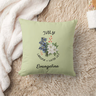 Coussin Green Floral JUILLET Mois de naissance Fleur Nom p