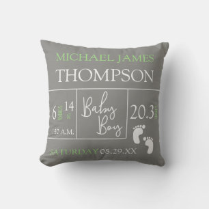 Coussin Green Grey Baby Boy photo Birth stat Faire-part