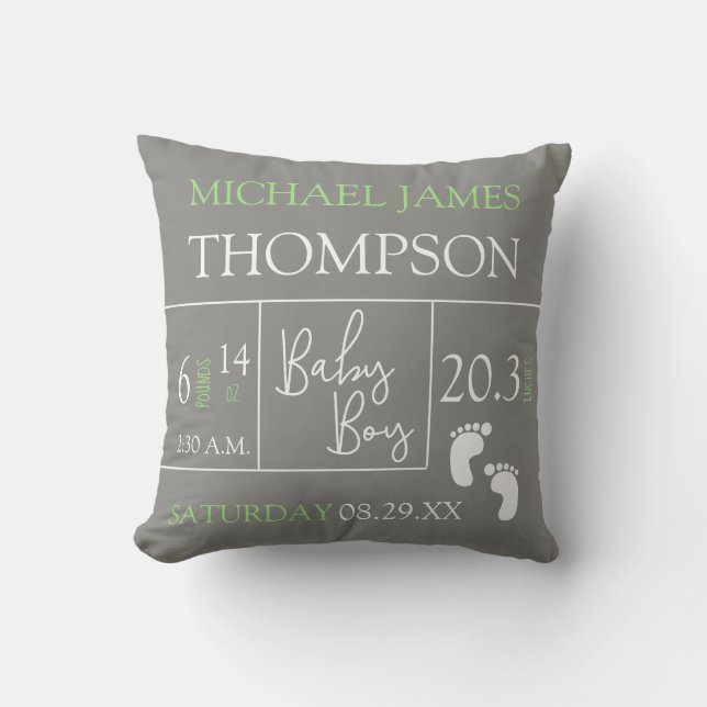 Coussin Green Grey Baby Boy photo Birth stat Faire-part (Recto)