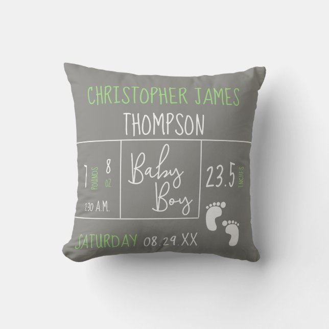 Coussin Green Grey Baby Boy photo Birth stat Faire-part (Recto)