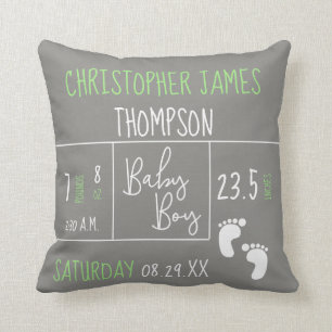 Coussin Green Grey Baby Boy photo Birth stat Faire-part