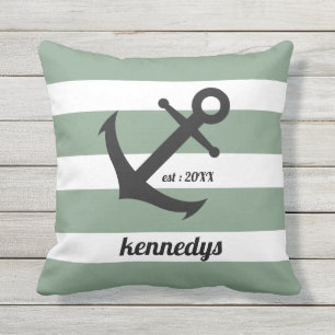 Coussin Green Nautical Stripes Ancre Nom de famille