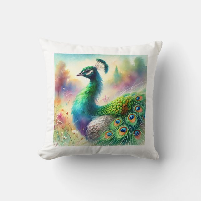 Coussin Green necked peafowl 120924AREF136 - Watercolor (Recto)
