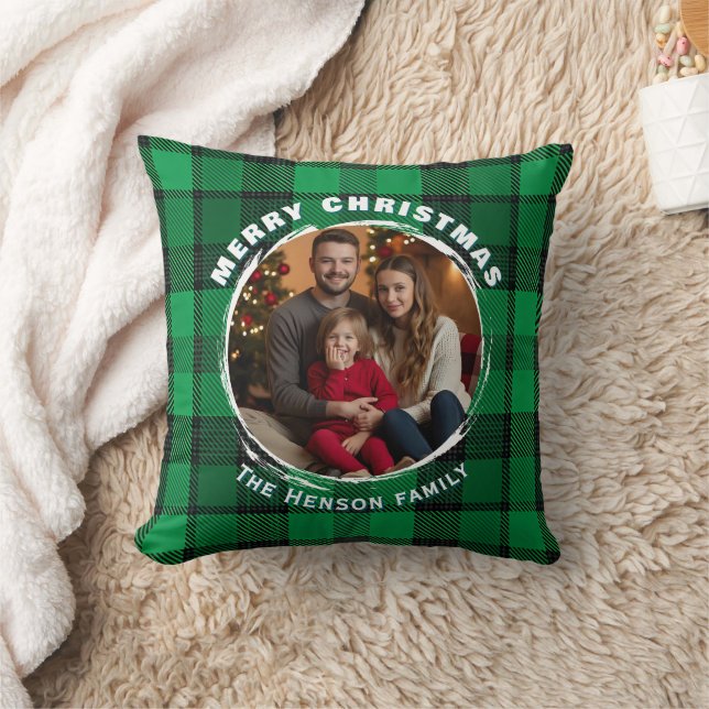 Coussin Green Personalized Family Photo Plaid Pattern  (Couverture)