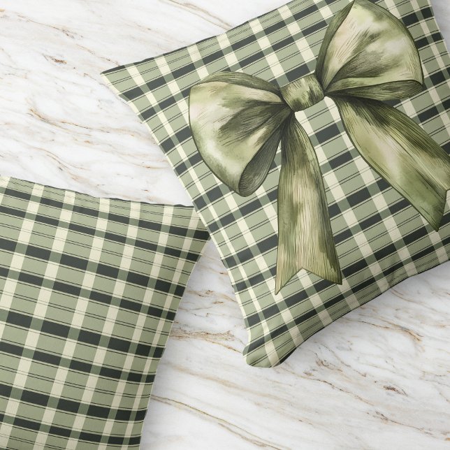Coussin Green Plaid Bow Moderne Rustique Ferme Olive (Green Plaid Bow Modern Rustic Farmhouse Olive Throw Pillow)