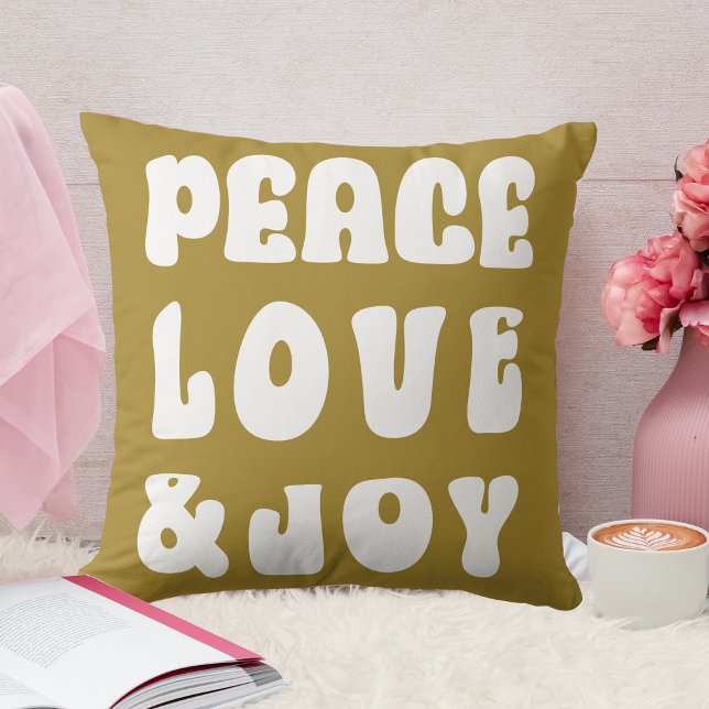 Coussin Green Retro Super Peace Love Joie Holiday (Green Retro Groovy Peace Love Joy Holiday Throw Pillow)