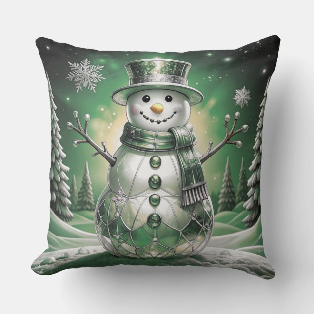 Coussin Green Snowman Snowflakes Holiday Throw Pillow (Recto)