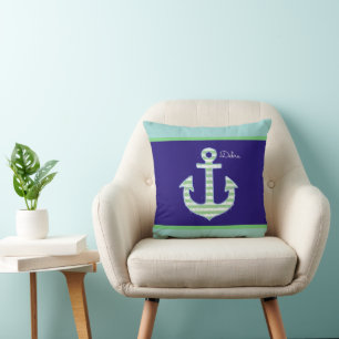 Coussin green striped anchor on blue personalized nautical