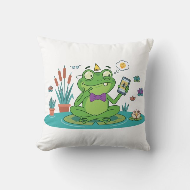 Coussin Grenouille drôle naviguant sur smartphone (Recto)