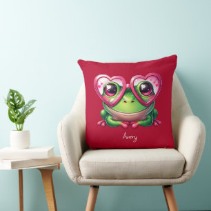 Coussin Grenouille mignonne portant des lunettes cardiaque