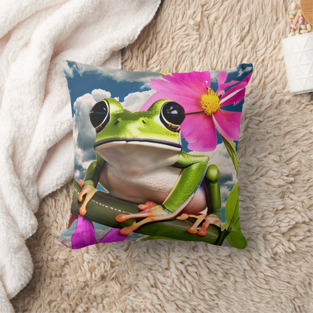 Coussin Grenouille mignonne sur une branche de fleurs rose (Couverture)