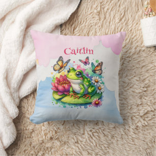 Coussin Grenouille personnalisée, fleurs et papillons bébé