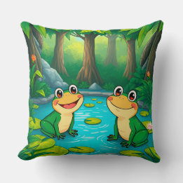 Coussin Grenouilles de dessin animé assises au bord d'un é