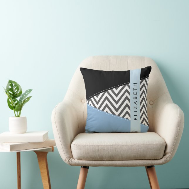 Coussin Grey Zigzag, Grey Chevron, Bleu, Votre Nom (Chaise)