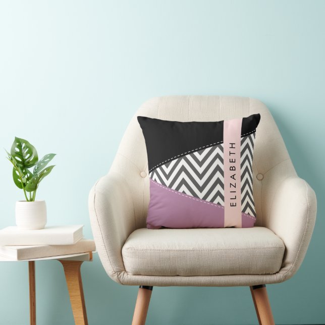 Coussin Grey Zigzag, Grey Chevron, Purple, Votre Nom (Chaise)