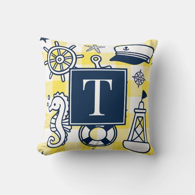 Coussin Gribouillages nautiques – Monogramme gingham jaune (Recto)
