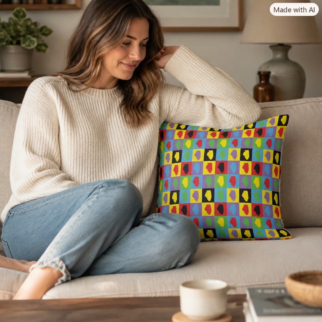 Coussin Grille d'Illinois Pop Art Colorée (A throw pillow featuring a pop art pattern of the US state of Illinois in a rainbow of colors.)