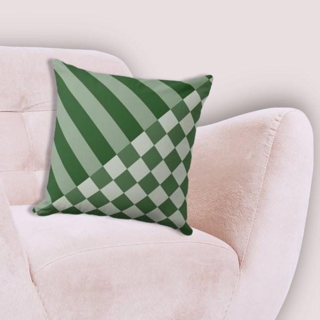 Coussin Grille géométrique moderne & Checker Forest-Green (Modern Geometric Stripe & Checker Forest-Green Throw Pillow)