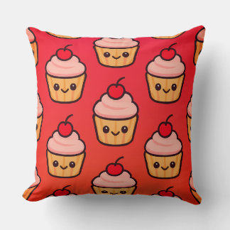 Coussin Grille Kawaii Cupcake avec visages souriants et ce