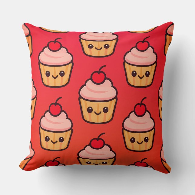 Coussin Grille Kawaii Cupcake avec visages souriants et ce (Recto)