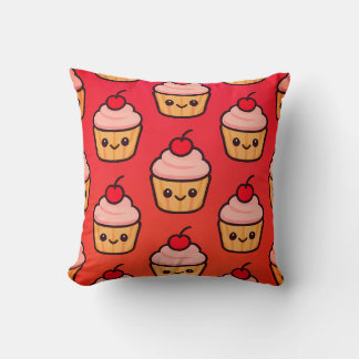 Coussin Grille Kawaii Cupcake avec visages souriants et ce
