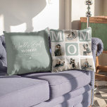 Coussin Grille multiphoto moderne mignonne cadeau MOM<br><div class="desc">Créez votre propre coussin MOM avec ce montage et ce texte de grille multi-photo moderne. Design dispose de 6 Photographies avec carrés d'angle incurvés avec le texte MOM en blocs turquoises qui peuvent être changés en n'importe quelle couleur. Au verso, le texte "Meilleure maman du monde" avec une mignonne citation...</div>