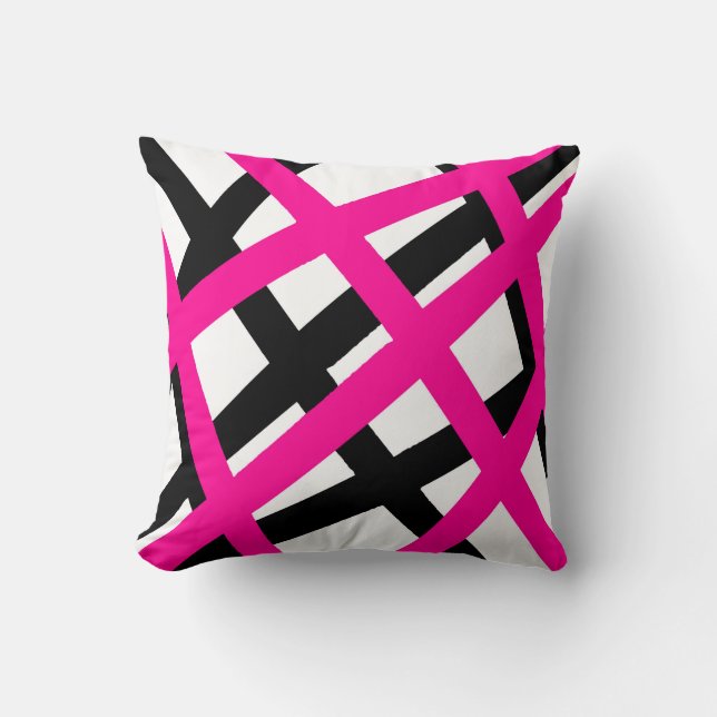 Coussin Grille noire rose chaud géométrique (Recto)