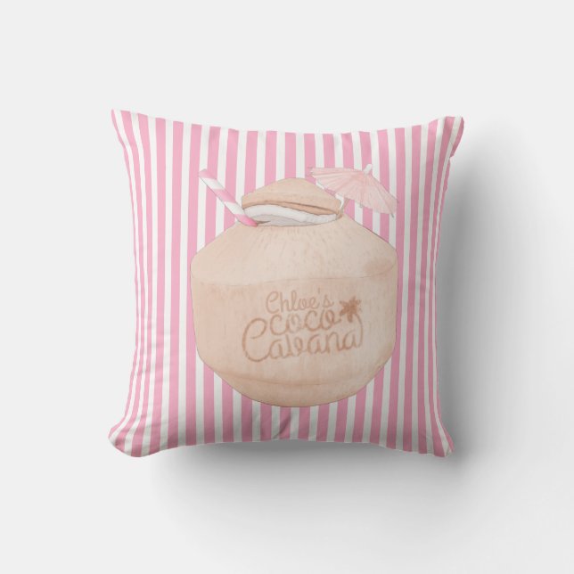 Coussin Grille rose et blanche | Boisson de noix de coco | (Recto)