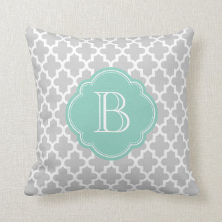 Coussin Gris & Aqua Moderne Marocain Personnalisé Monogram