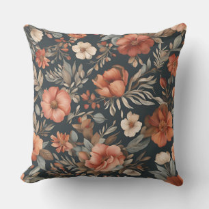 Coussin Gris ardoise Orange brûlé Fleurie Cottagecore fonc