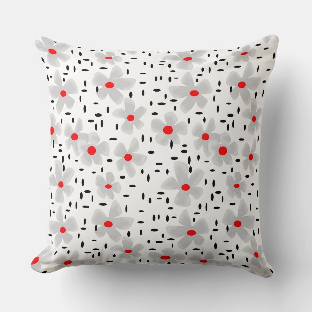Coussin gris avec des fleurs rouges sur fond blanc rétro (Recto)