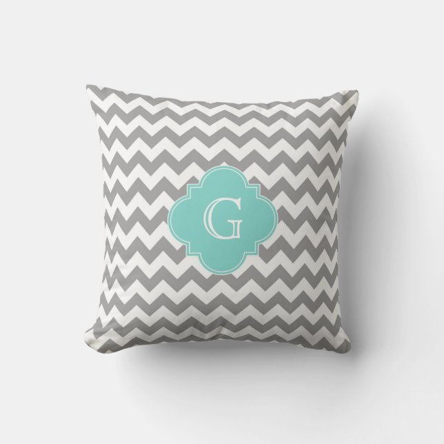 Coussin Gris Blanc Chevron Aqua Quatrefeuille Monogramme (Recto)