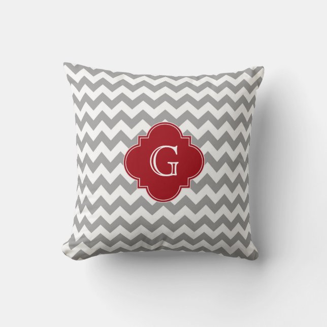 Coussin Gris Blanc Chevron Cranberry Rouge Quatrefeuilles  (Recto)