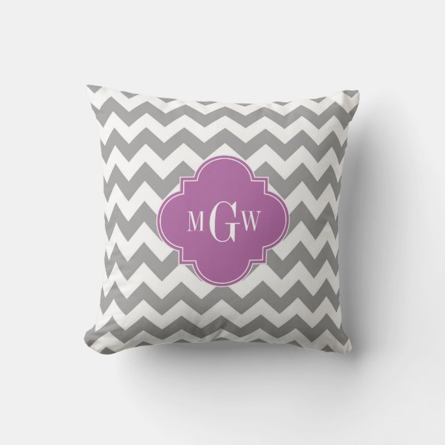 Coussin Gris Blanc Chevron Orchidée Quatrefeuille 3 Monogr (Recto)