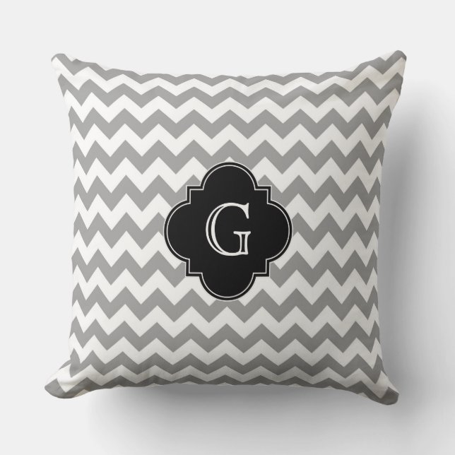 Coussin Gris Blanc Chevron ZigZag Noir Quatrefeuille Monog (Recto)