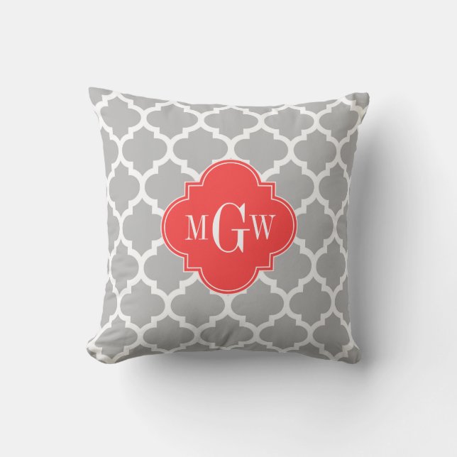 Coussin Gris Blanc Marocain #5 Corail Rouge 3 Monogramme I (Recto)
