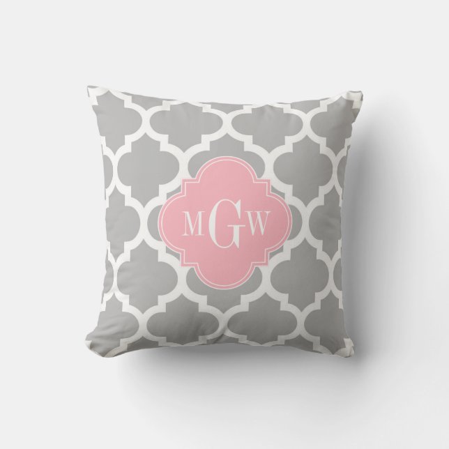 Coussin Gris Blanc Marocain #5 Rose 3 Initiale Monogramme (Recto)