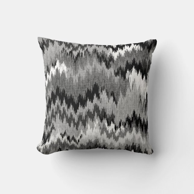 Coussin Gris blanc noir déchiqueté de Chevron Ikat | (Recto)