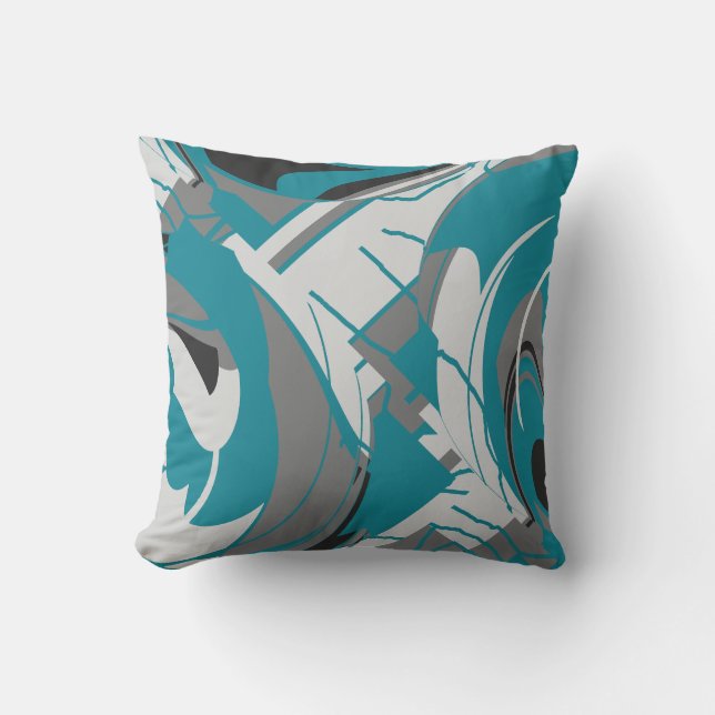 Coussin Gris Blanc Noir Turquoise Bleu Feuilles Abstraits (Recto)