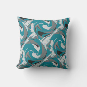 Coussin Gris Blanc Noir Turquoise Bleu Floral Twirls Abstr