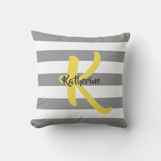 Coussin Gris blanc rayé et jaune personnalisé (Recto)