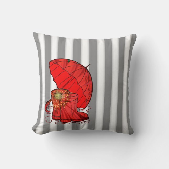 Coussin Gris Blancs avec parapluie rouge et orbite de plui (Recto)