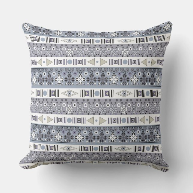 Coussin Gris bleu clair ornement ethnique rayé  (Recto)