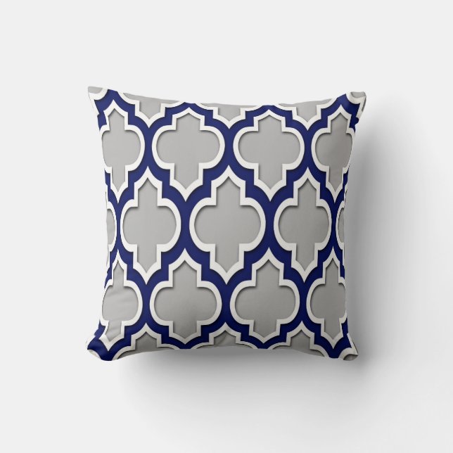Coussin Gris, bleu marine, blanc Quatrefoil marocain #4DS (Recto)